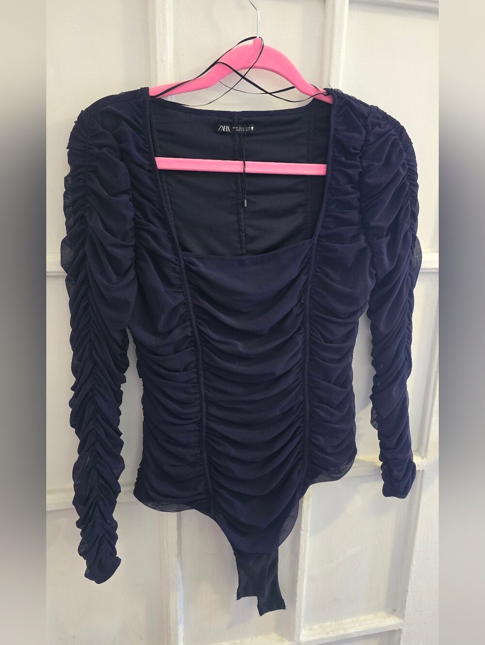 Zara Navy Ruched Long-Sleeve Bodysuit